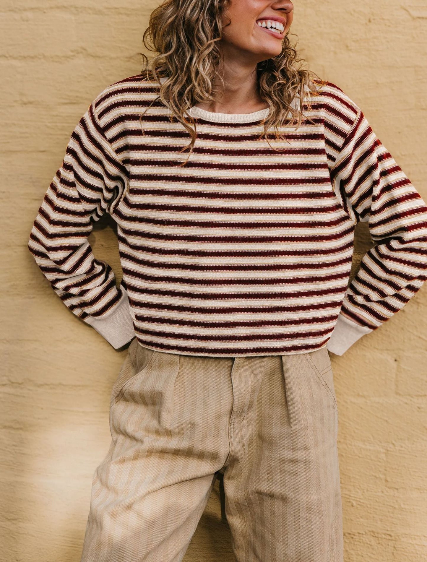 Womens Round-neck Knitted Striped Color-block Sweater