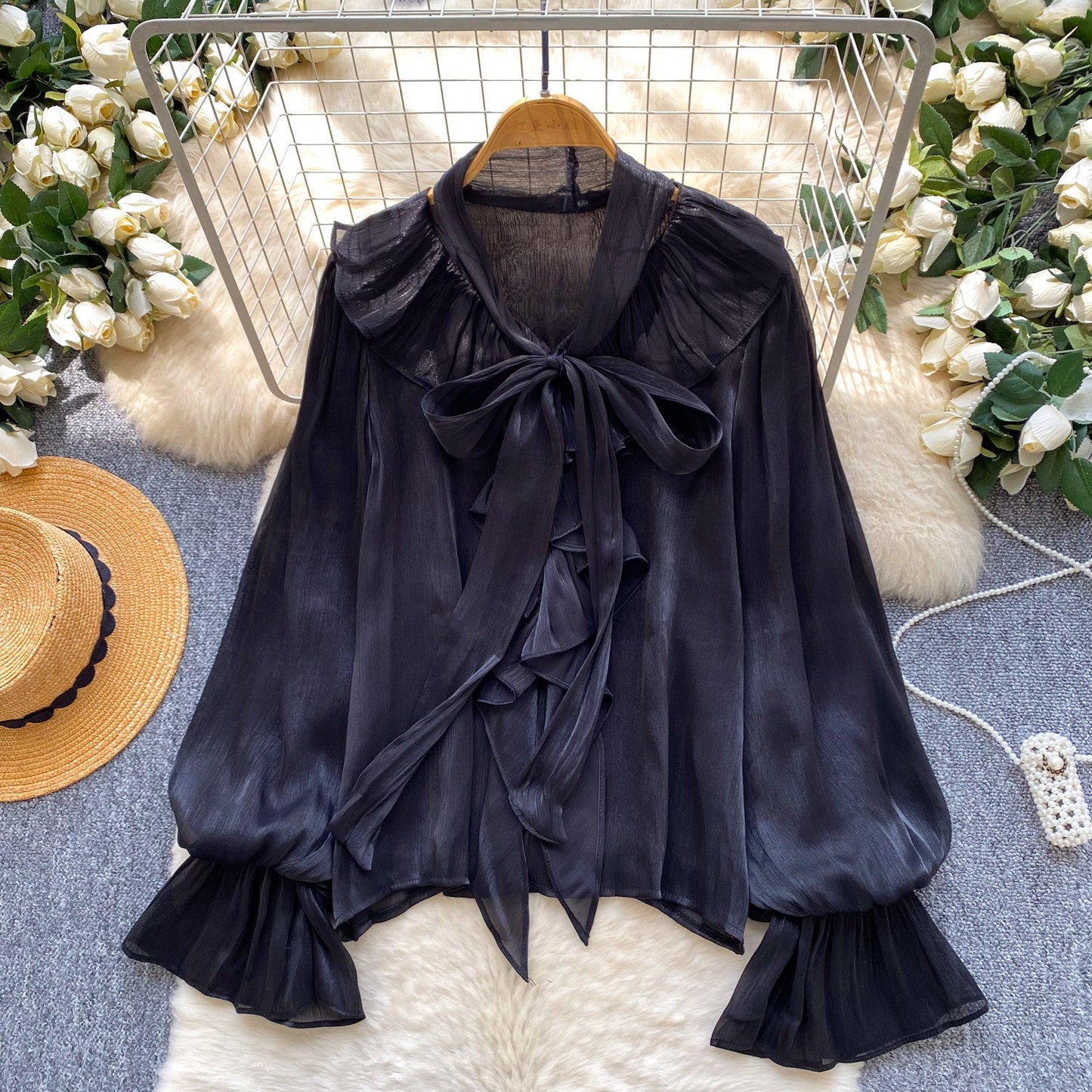 Womens Solid-Color Loose Shirt With Bow Tie Belt