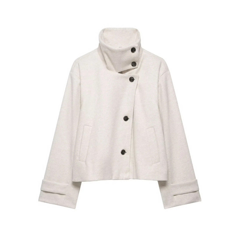 Womens Solid-Color Casual Stand-Collar Jacket With Buttons