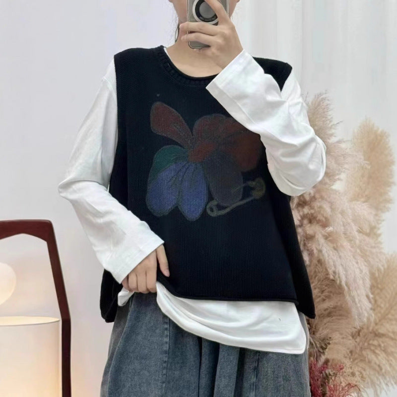 Womens Floral-Print Crew-Neck Loose-Fit Vintage Knitted Vest