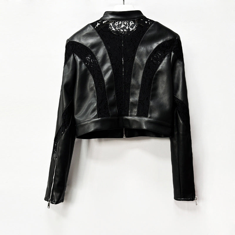 Faux Leather Lace Patchwork Cropped Jacket