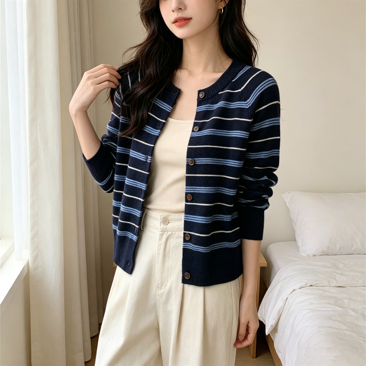 Womens Elegant Contrasting-Color Striped Sweater