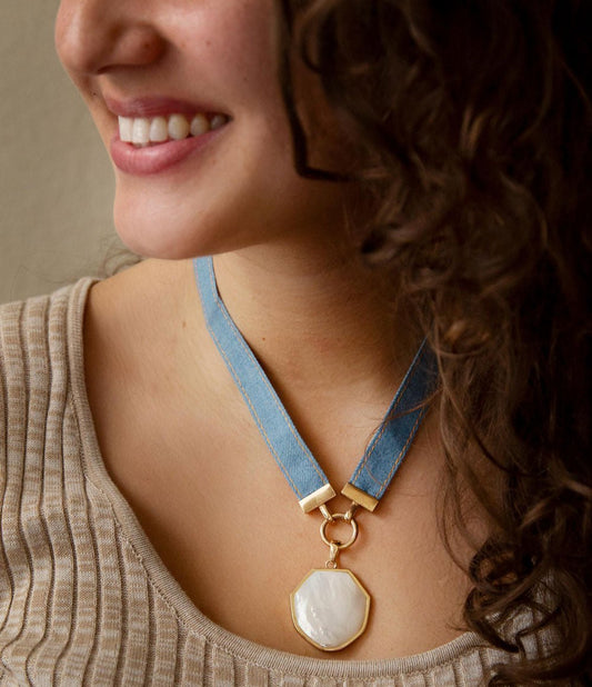 Blue Denim Dreams White Mother of Pearl Ribbon Golden Pendant Necklace