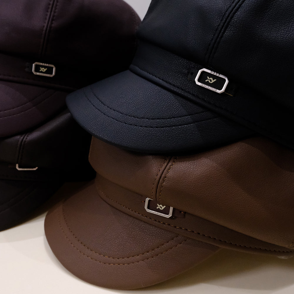Fashionable Retro Matte PU Solid-color Newsboy Hat With Metal Label And Soft Leather Pumpkin Hat For Autumn Winter, Classic British Style, Versatile For All Occasions