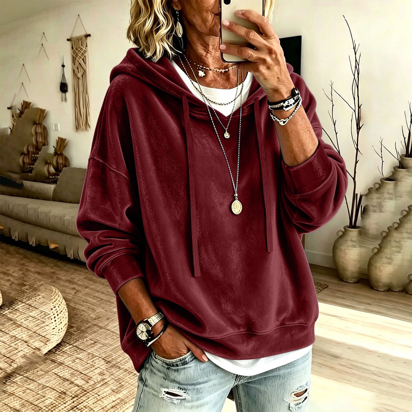 Womens Casual Solid-Color Hooded Long-Sleeve Top With Drawstring