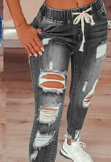 Womens Distressed Ripped Long Denim Pants High Rise Elastic Waist Drawstring Jeans