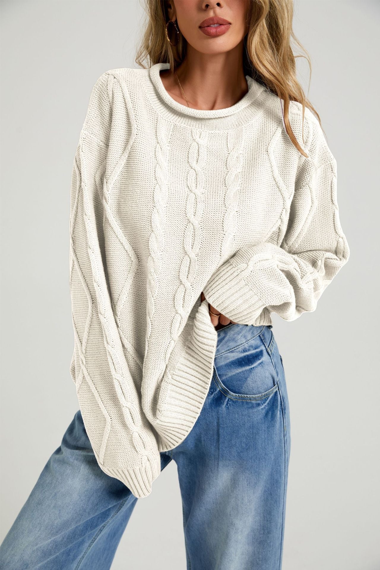 Womens European And American-style Loose-fitting Crew-neck Knit Sweater