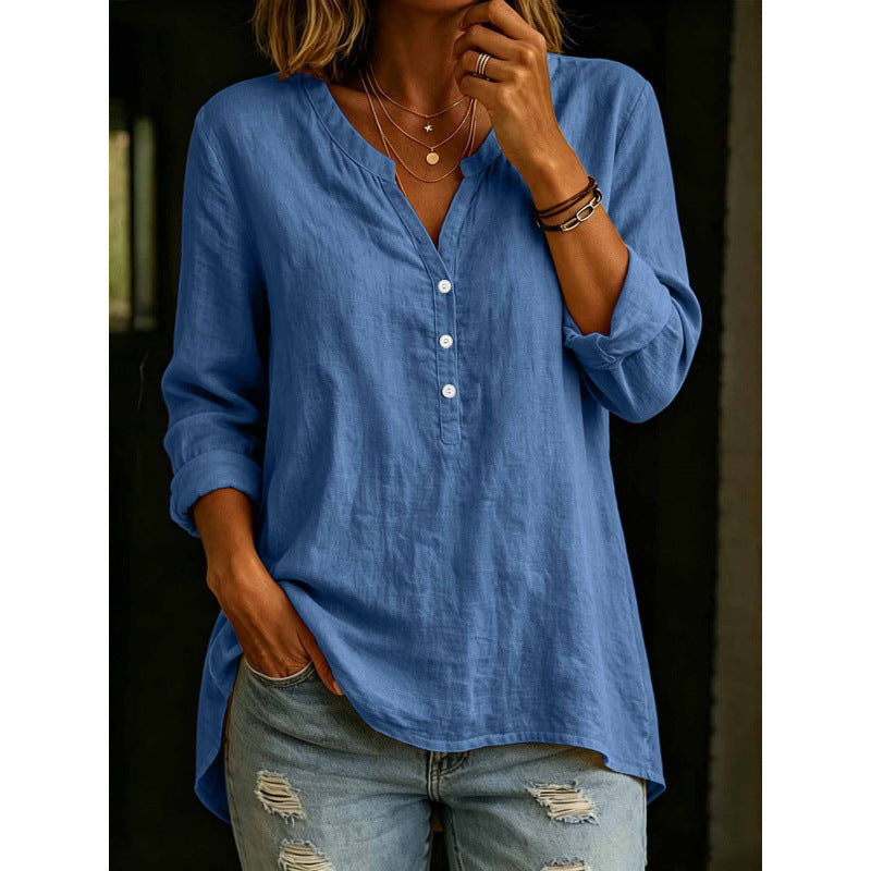 Womens Solid-Color Casual Loose-Fit Button-Up Shirt