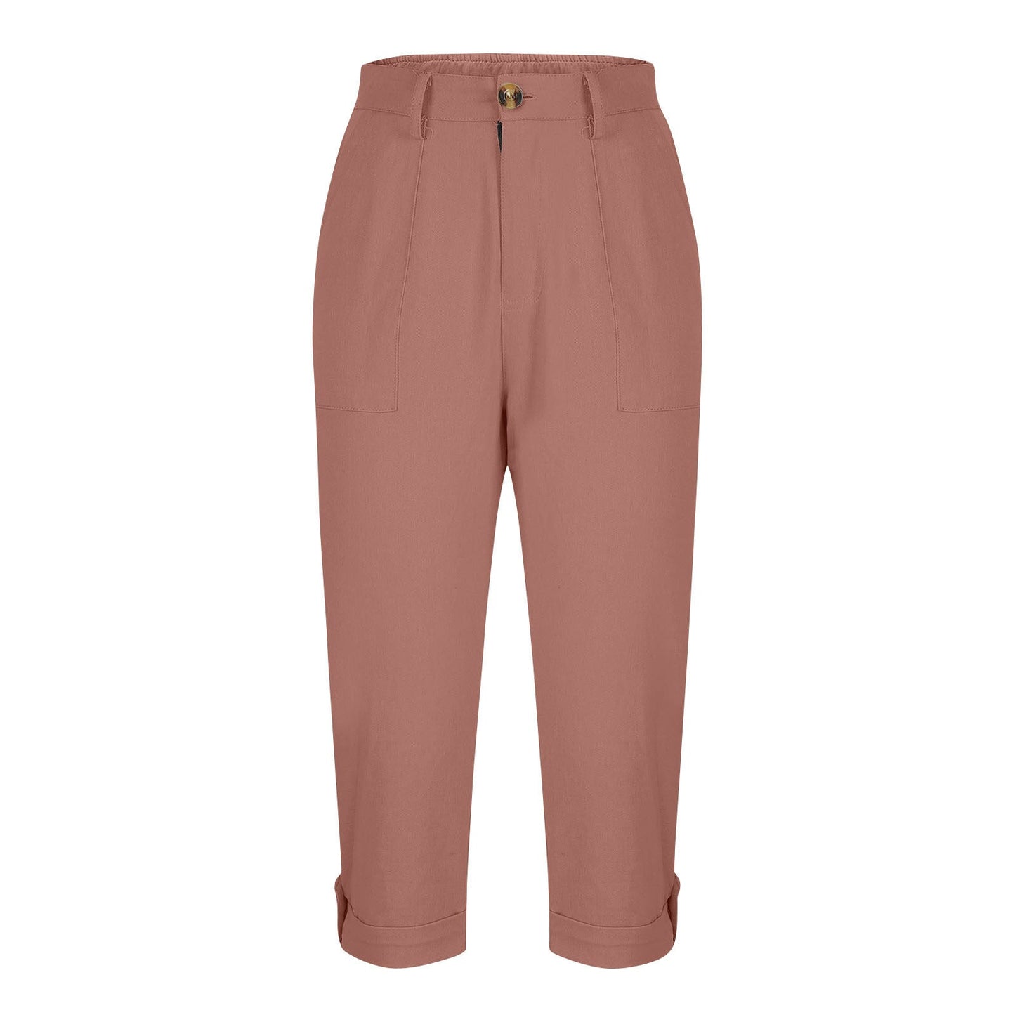 Womens Solid-color Buttoned Roll-up Capri Pants