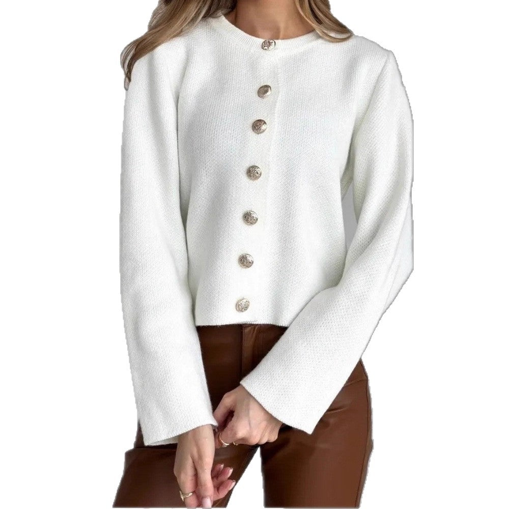 Autumn And Winter New Cross-Border Long-Sleeved Single-Breasted Knitted Cardigan European And American Pure Color Casual Versatile Sweater Jacket For Women