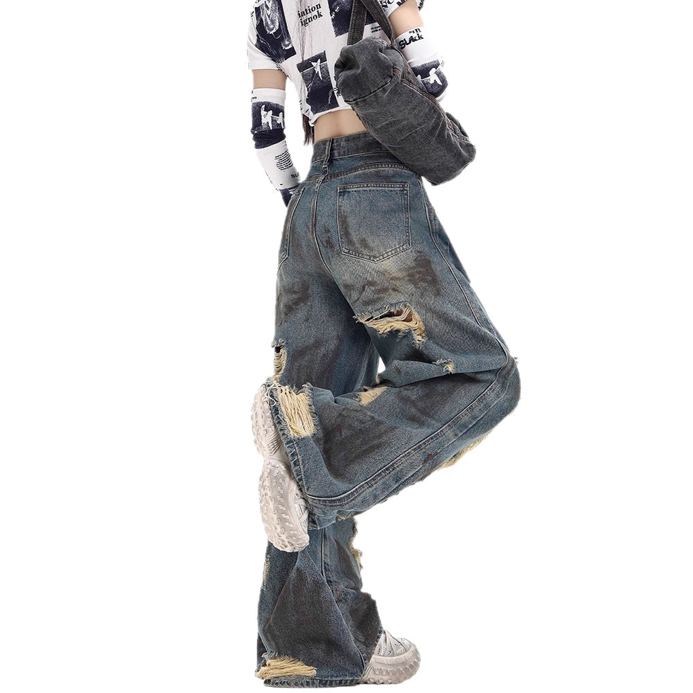 Womens American-style Distressed Wide-leg Jeans