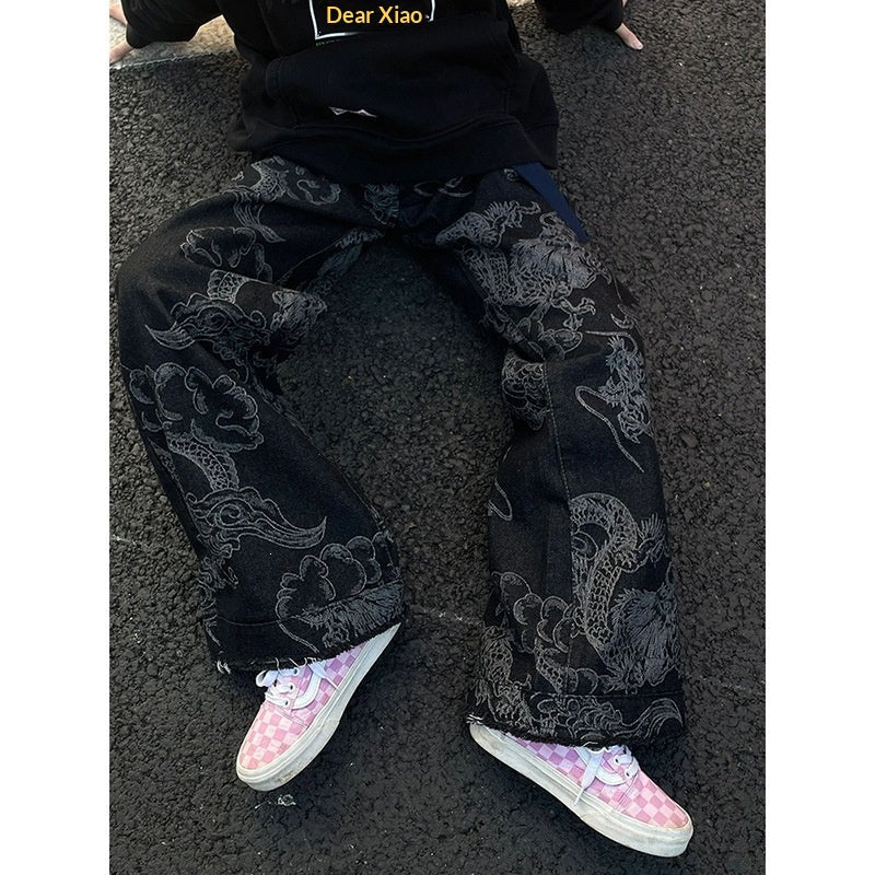 American-style Vintage Edgy Dragon-print Slimming Wide-leg Denim Pants