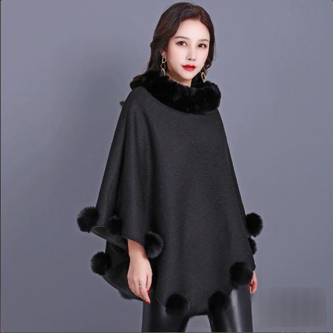 Women's Brown Mid-length Furry Ball Shawl Cape With Outerwear