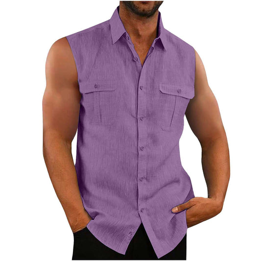 European American Men's Double Pocket Cotton Linen Shirt