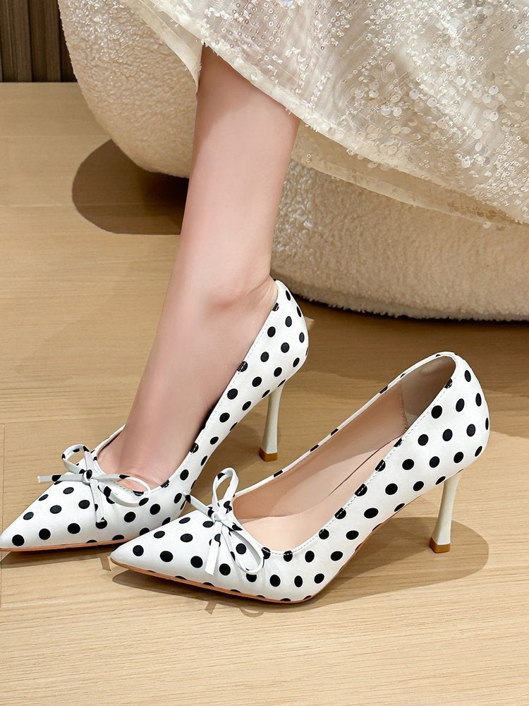 Fairy Style Pointed Toe Polka Dot Gentle Pumps For Women, French Style Soft Sole Stiletto High Heels Perfect With Dresses