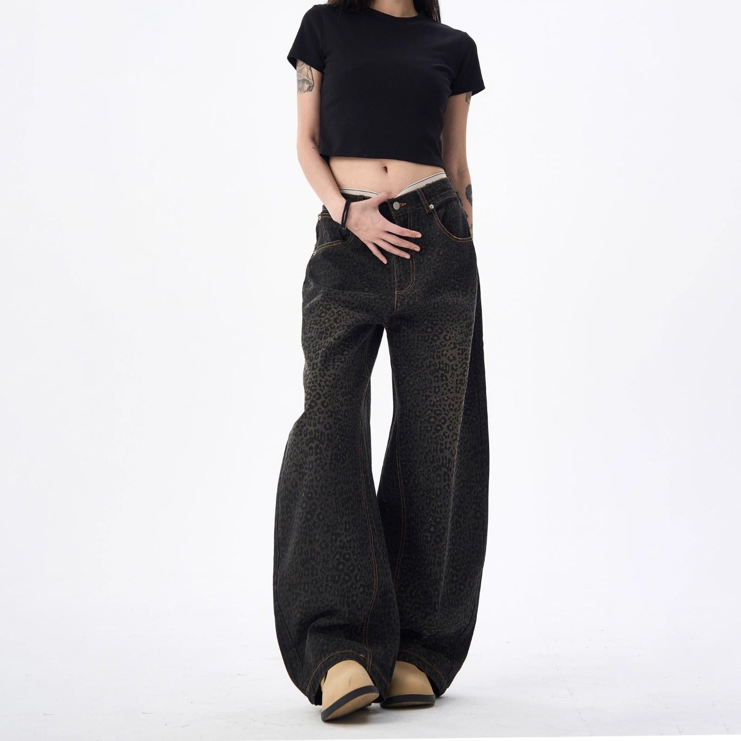 Retro Leopard-Print Bootcut Jeans For Women