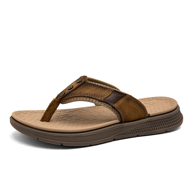 Mens Casual Breathable Full-grain Leather Slippers