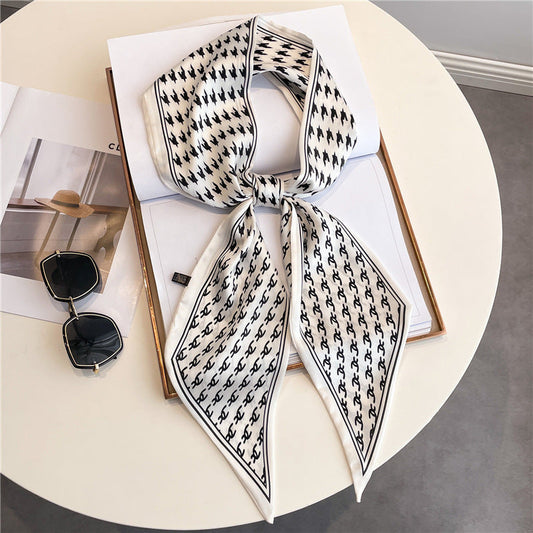 Thin Houndstooth Silk Scarf - Hair Tie