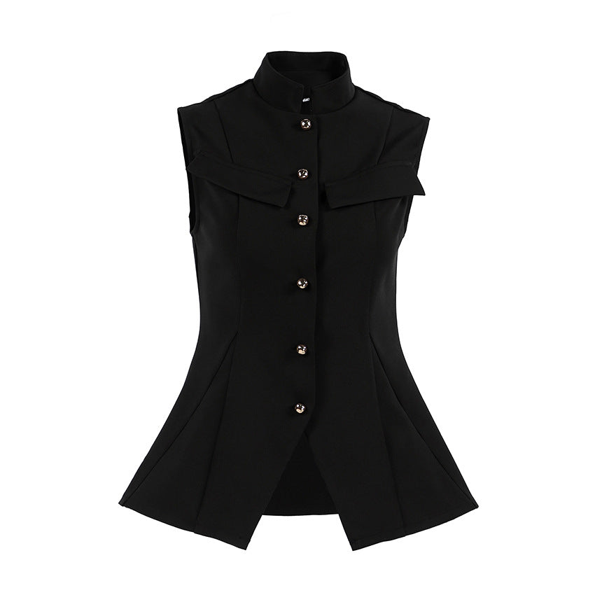 Designer-style Small Stand-up Collar Buttoned Sleeveless Vest