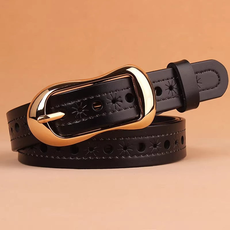Womens Denim Soft Leather Belt With Pinhole Waistband