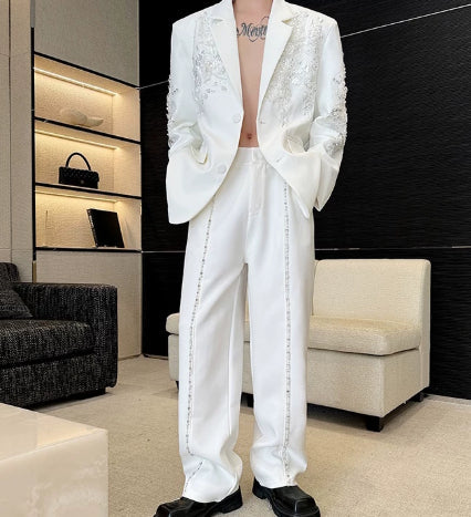 Pearl Rhinestone Shoulder Pad White Suit For Men With A Relaxed Feeling