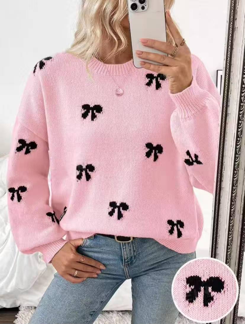 European And American Foreign Trade Amazon Bow Jacquard Sweater Clothes Autumn Women's Simple Design Women's Sweater
