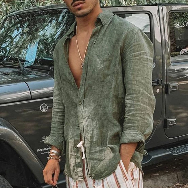 Foreign Trade Autum New Men's Pure Color European And American Loose Casual Lapel Long-Sleeved Cardigan Beach Shirt Men's Style