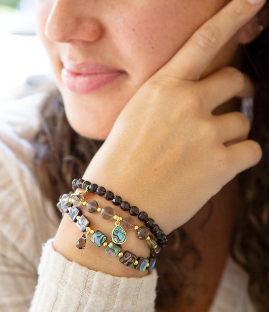 Sepia Sea Black Smoky Quartz and Blue Abalone Bracelet Set