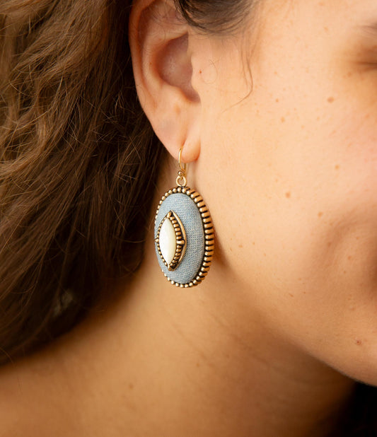 Blue Denim Dreams White Mother of Pearl Golden Drop Earrings