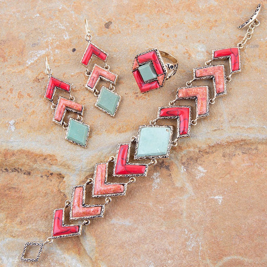 Turquoise and Coral Tapestry Ring