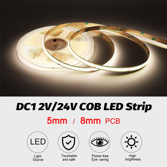 12V 24V FOB COB LED Strip 5mm 8mm Flexible Tape LED Bar Light CRI 90 Red Green Ice Blue Pink Yellow White Color for House Decor