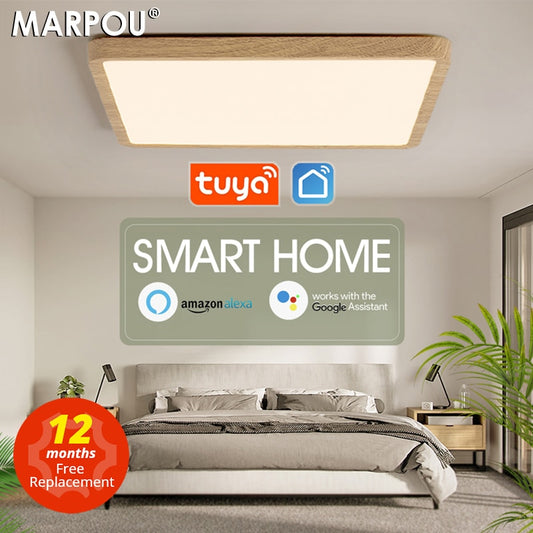 Smart Wood Grain LED Ceiling Lamp: Tuya App & Voice Control, Alexa/Google Compatible, Remote Control, Stylish Square Ceiling Light for Living Room