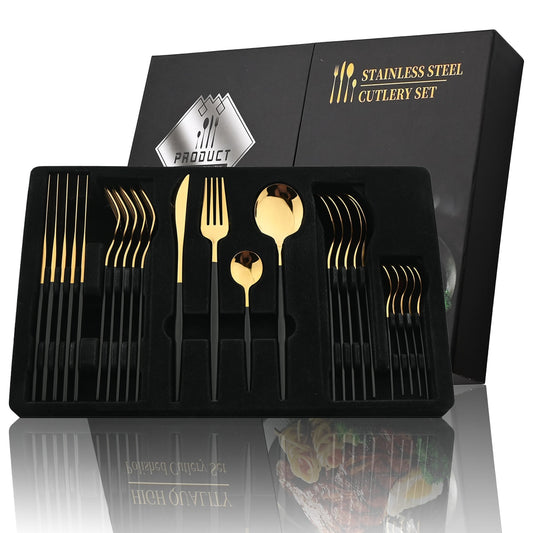 Golden Cutlery Set - 24Pcs Stainless Steel Knife, Fork, and Spoon with Black Handle - Tableware Flatware Set - Perfect Festival Kitchen Dinnerware Gift