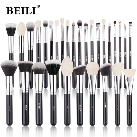 Professional Black Makeup Brushes Set with Natural Goat Hair for Foundation, Powder, Contour, and Eyeshadow Application