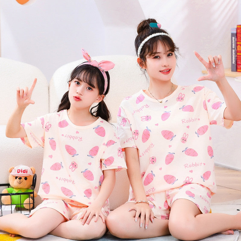 Children's Cotton Short-sleeved Home Wear Suit Parent-child Mother-daughter Home Cartoon Princess 2-piece Summer Thin Cotton