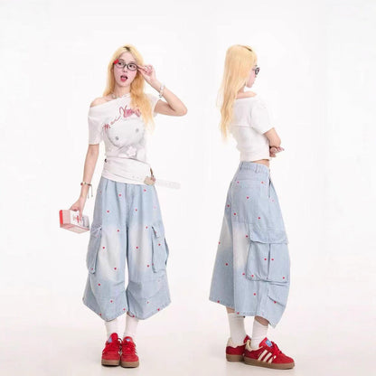 Love-Heart Print Designer-Style Cropped Denim Jeans For Women Summer