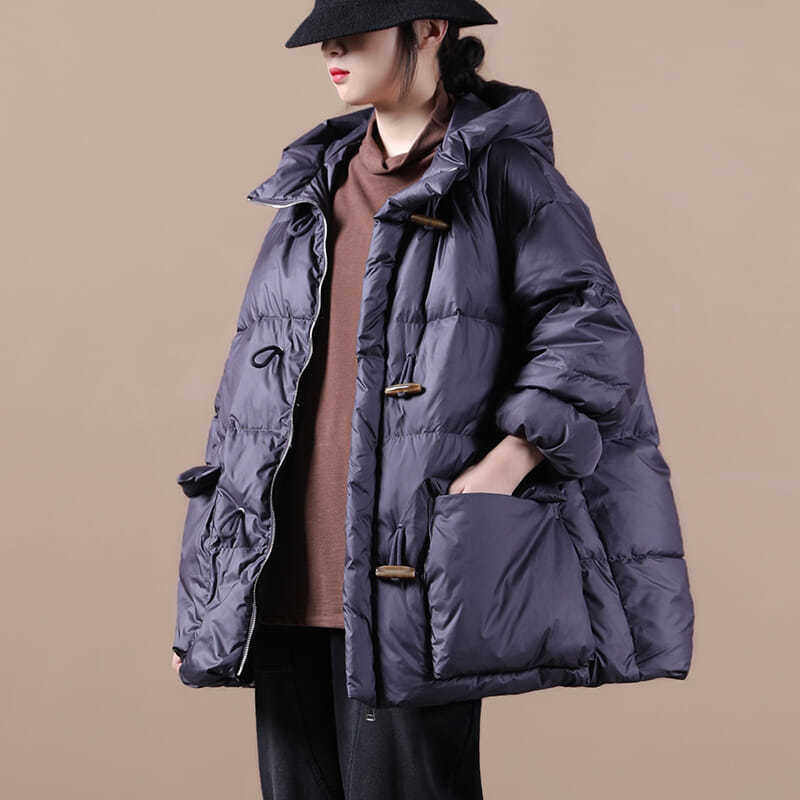 Plus-size Womens Retro Horn-button Hooded Down Coat