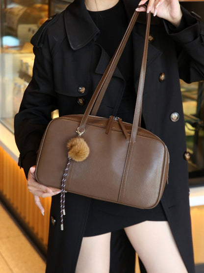 Genuine Leather Women's Bag, New First-layer Cowhide Boston Bag, Baguette Bag, Light Luxury Bowling Bag, Shoulder Bag