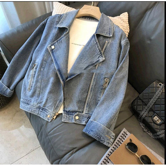 Fashion Motorcycle Lapel Long-sleeve Zipper Denim Jacket