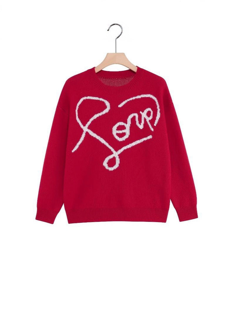 Casual Loose Long Sleeve White Love Heart Pattern Knit Top Valentine Sweater For Women