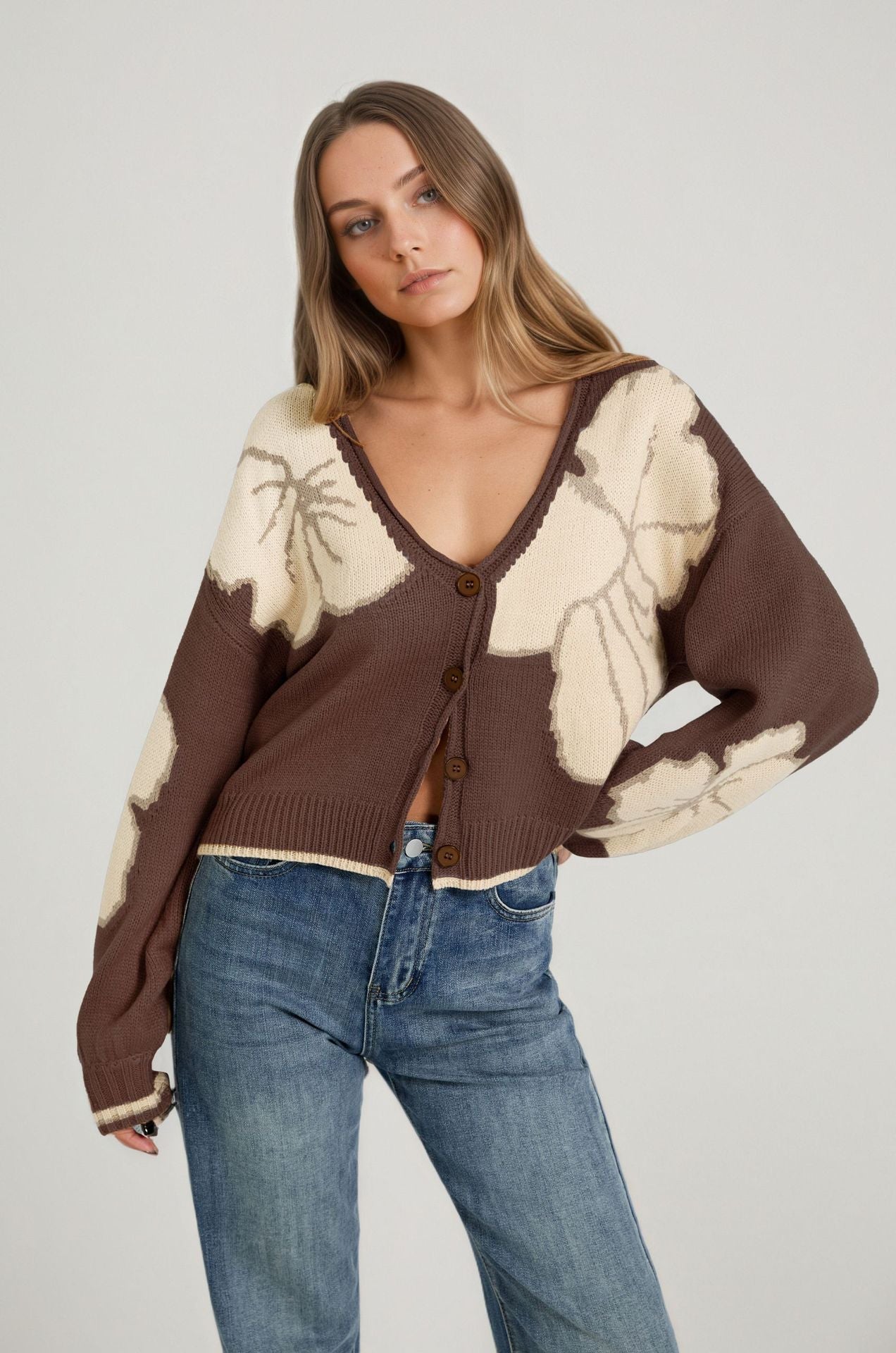 Womens Loose-fit Jacquard Color-block Knitted Cardigan Top
