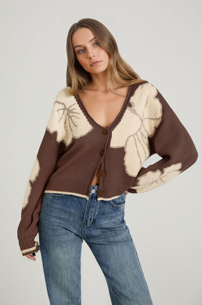 Womens Loose-fit Jacquard Color-block Knitted Cardigan Top