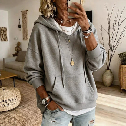 Women Casual Solid Pullover Hoodie Long Sleeve Drop Shoulder Sweatshirt With Drawstring & Kangaroo Pocket Loose Fit Tops