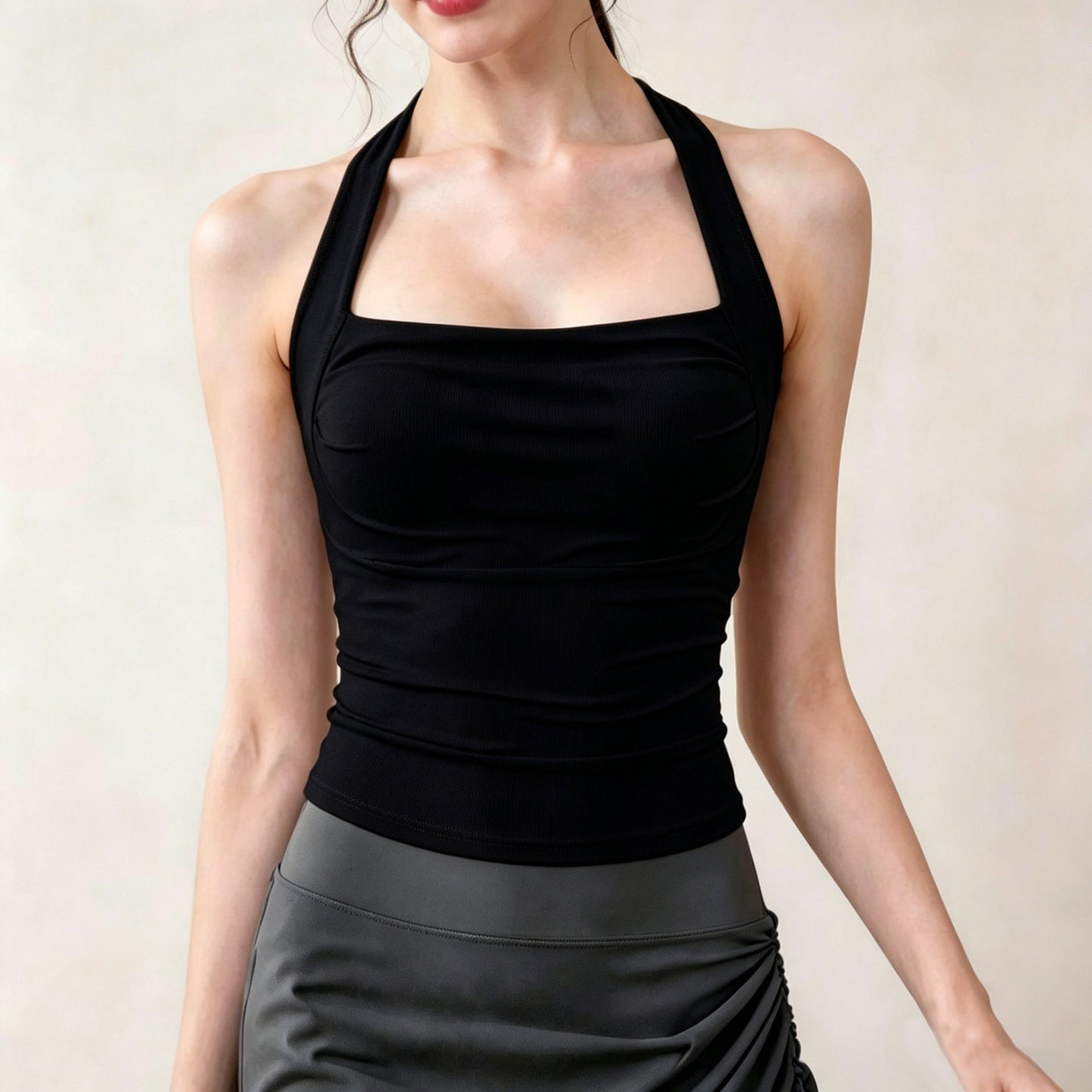 Womens Cold-Shoulder Pleated Backless Yoga Tank Top