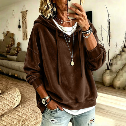 Womens Casual Solid-Color Hooded Long-Sleeve Top With Drawstring