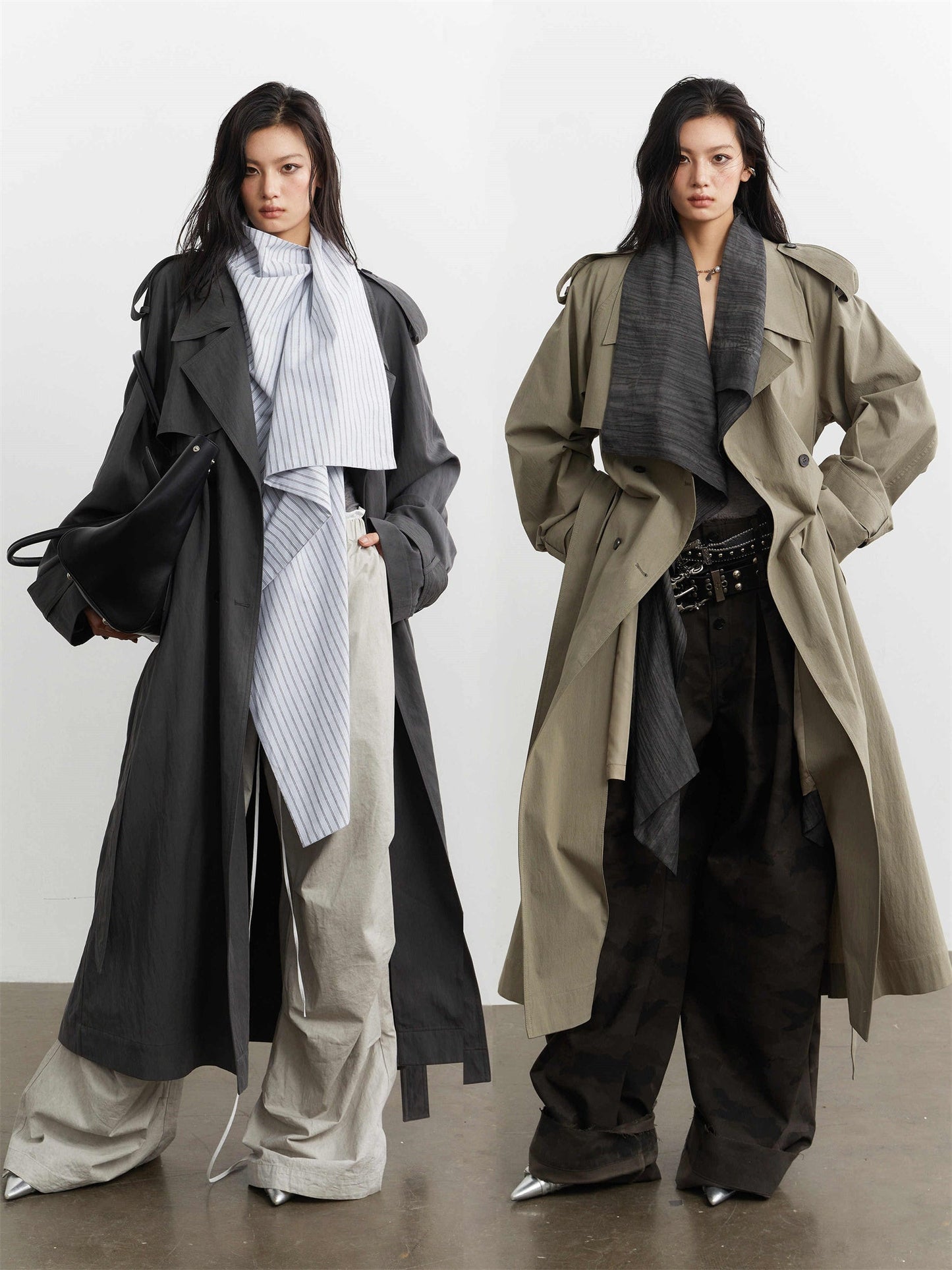 Long Trench Coat With Detachable Collar And Contrasting Color