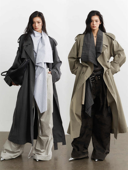 Long Trench Coat With Detachable Collar And Contrasting Color