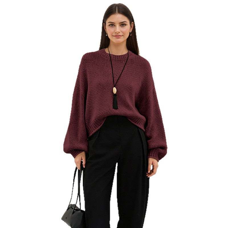 Womens Loose-Fit Round-Neck Casual All-Match Knitted Sweater