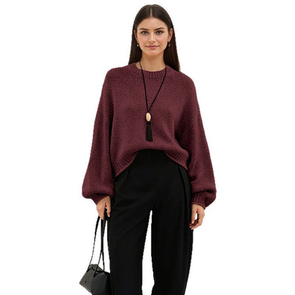 Womens Loose-Fit Round-Neck Casual All-Match Knitted Sweater