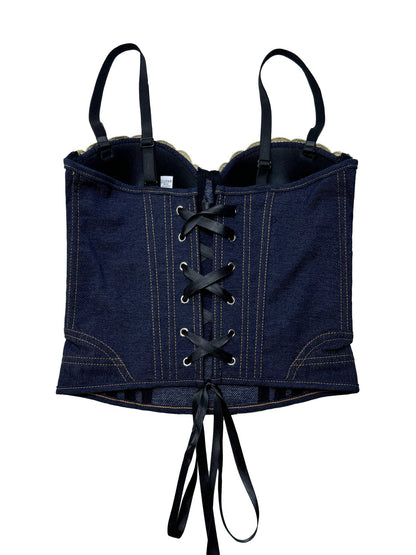 Fashionable Denim Lace-Up Drawstring Fishbone Corset Lace Camisole Versatile Slim-Fit Flattering Backless Top With Chest Pads For Outerwear